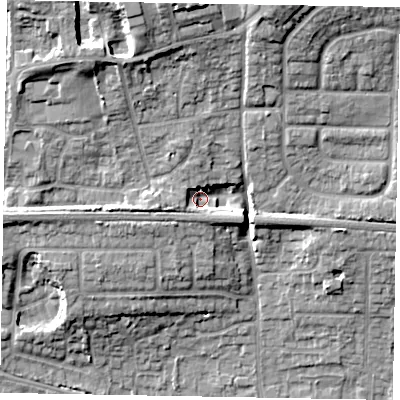 Shaded relief map of the ground around SL16LB, computed from Environment Agency LiDAR. The ground here sits at about 28 m above sea level and falls 18 m across the surrounding 800 m. Surface water reaching this point runs off ground lying to the west-south-west, 5.5 m higher.