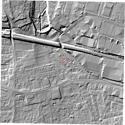 Shaded relief map of the ground around SL16LJ, computed from Environment Agency LiDAR. The ground here sits at about 25 m above sea level and falls 10 m across the surrounding 800 m. Surface water reaching this point runs off ground lying to the east-north-east, 9.1 m higher.