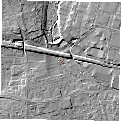 Shaded relief map of the ground around SL16LL, computed from Environment Agency LiDAR. The ground here sits at about 26 m above sea level and falls 10 m across the surrounding 800 m. Surface water reaching this point runs off ground lying to the north-east, 8.3 m higher.