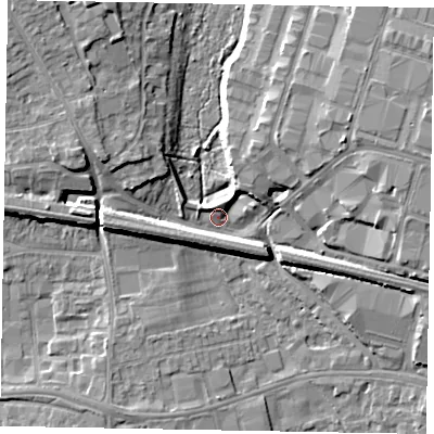 Shaded relief map of the ground around SL16LP, computed from Environment Agency LiDAR. The ground here sits at about 27 m above sea level and falls 10 m across the surrounding 800 m. Surface water reaching this point runs off ground lying to the north-west, 6.9 m higher.