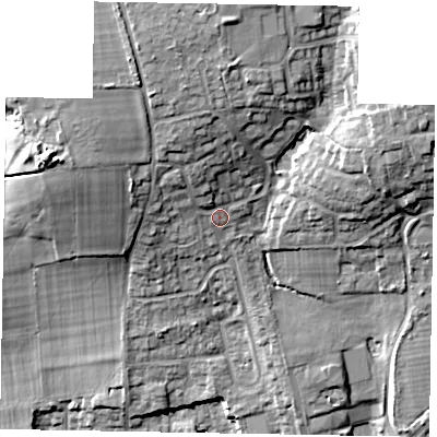 Shaded relief map of the ground around SL17AP, computed from Environment Agency LiDAR. The ground here sits at about 47 m above sea level and falls 22 m across the surrounding 800 m. Surface water reaching this point runs off ground lying to the north-north-west, 3.6 m higher.