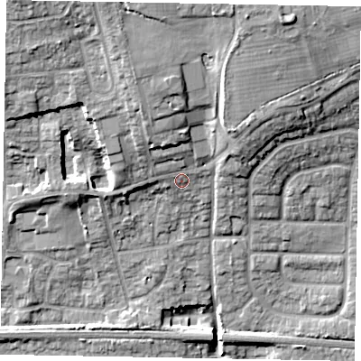 Shaded relief map of the ground around SL17LT, computed from Environment Agency LiDAR. The ground here sits at about 36 m above sea level and falls 20 m across the surrounding 800 m. Surface water reaching this point runs off ground lying to the west-north-west, 1.5 m higher.
