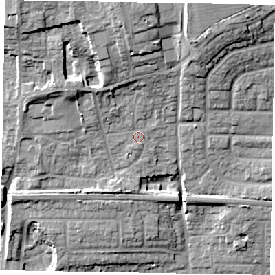 Shaded relief map of the ground around SL17ND, computed from Environment Agency LiDAR. The ground here sits at about 33 m above sea level and falls 18 m across the surrounding 800 m. Surface water reaching this point runs off ground lying to the north, 4.7 m higher.