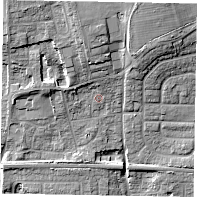 Shaded relief map of the ground around SL17NE, computed from Environment Agency LiDAR. The ground here sits at about 34 m above sea level and falls 18 m across the surrounding 800 m. Surface water reaching this point runs off ground lying to the north, 2.5 m higher.
