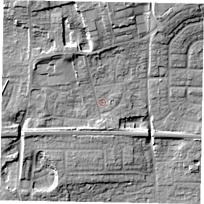 Shaded relief map of the ground around SL17NF, computed from Environment Agency LiDAR. The ground here sits at about 31 m above sea level and falls 18 m across the surrounding 800 m. Surface water reaching this point runs off ground lying to the north, 11.9 m higher.