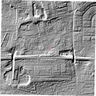Shaded relief map of the ground around SL17NH, computed from Environment Agency LiDAR. The ground here sits at about 30 m above sea level and falls 19 m across the surrounding 800 m. Surface water reaching this point runs off ground lying to the north, 11.4 m higher.