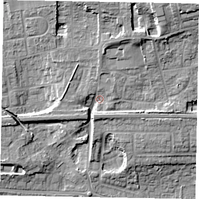 Shaded relief map of the ground around SL17PH, computed from Environment Agency LiDAR. The ground here sits at about 30 m above sea level and falls 18 m across the surrounding 800 m. Surface water reaching this point runs off ground lying to the north-north-east, 9.1 m higher.
