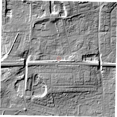 Shaded relief map of the ground around SL17PL, computed from Environment Agency LiDAR. The ground here sits at about 30 m above sea level and falls 18 m across the surrounding 800 m. Surface water reaching this point runs off ground lying to the north-north-east, 7.6 m higher.