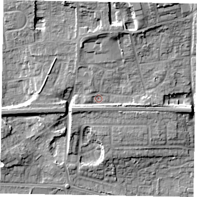 Shaded relief map of the ground around SL17PN, computed from Environment Agency LiDAR. The ground here sits at about 30 m above sea level and falls 18 m across the surrounding 800 m. Surface water reaching this point runs off ground lying to the north-north-east, 7.8 m higher.
