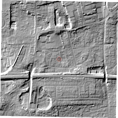Shaded relief map of the ground around SL17PP, computed from Environment Agency LiDAR. The ground here sits at about 31 m above sea level and falls 18 m across the surrounding 800 m. Surface water reaching this point runs off ground lying to the north, 7.4 m higher.