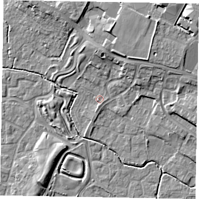Shaded relief map of the ground around SL19AA, computed from Environment Agency LiDAR. The ground here sits at about 23 m above sea level and falls 12 m across the surrounding 800 m. Surface water reaching this point runs off ground lying to the north-north-west, 2.0 m higher.