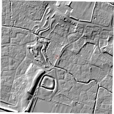 Shaded relief map of the ground around SL19AB, computed from Environment Agency LiDAR. The ground here sits at about 22 m above sea level and falls 12 m across the surrounding 800 m. Surface water reaching this point runs off ground lying to the north, 2.4 m higher.