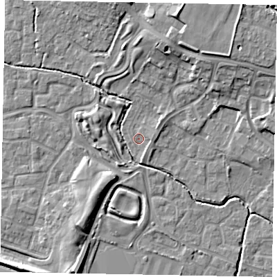 Shaded relief map of the ground around SL19AG, computed from Environment Agency LiDAR. The ground here sits at about 22 m above sea level and falls 12 m across the surrounding 800 m. Surface water reaching this point runs off ground lying to the north, 2.4 m higher.