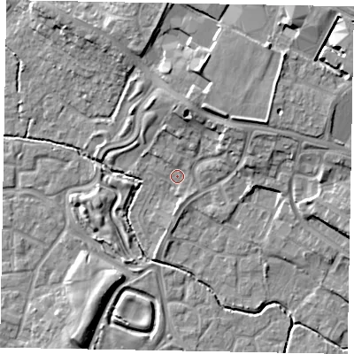 Shaded relief map of the ground around SL19AJ, computed from Environment Agency LiDAR. The ground here sits at about 23 m above sea level and falls 12 m across the surrounding 800 m. Surface water reaching this point runs off ground lying to the north-north-west, 1.6 m higher.