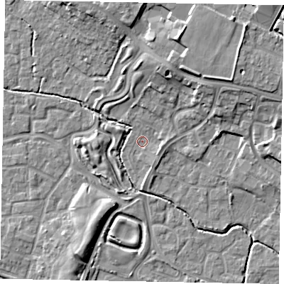 Shaded relief map of the ground around SL19AQ, computed from Environment Agency LiDAR. The ground here sits at about 22 m above sea level and falls 12 m across the surrounding 800 m. Surface water reaching this point runs off ground lying to the north, 2.2 m higher.