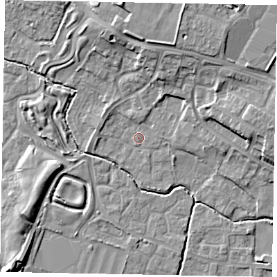 Shaded relief map of the ground around SL19BA, computed from Environment Agency LiDAR. The ground here sits at about 22 m above sea level and falls 12 m across the surrounding 800 m. Surface water reaching this point runs off ground lying to the north-north-east, 9.9 m higher.