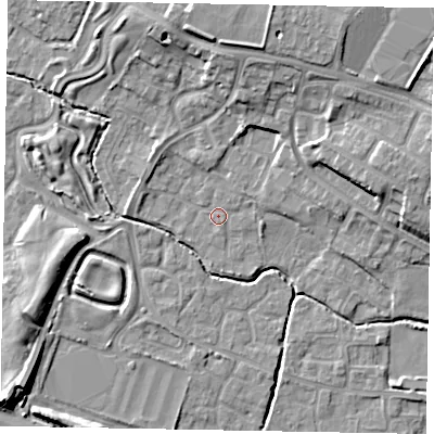 Shaded relief map of the ground around SL19BB, computed from Environment Agency LiDAR. The ground here sits at about 22 m above sea level and falls 12 m across the surrounding 800 m. Surface water reaching this point runs off ground lying to the north-north-east, 9.9 m higher.