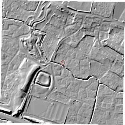 Shaded relief map of the ground around SL19BD, computed from Environment Agency LiDAR. The ground here sits at about 21 m above sea level and falls 12 m across the surrounding 800 m. Surface water reaching this point runs off ground lying to the west-north-west, 4.0 m higher.