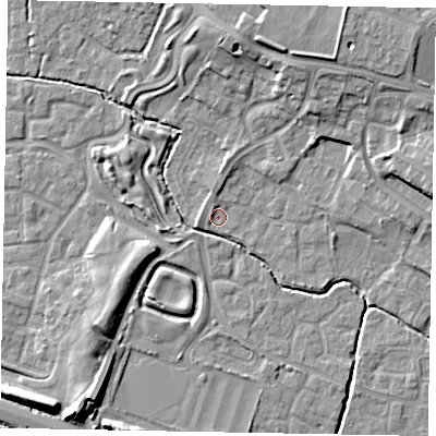 Shaded relief map of the ground around SL19BE, computed from Environment Agency LiDAR. The ground here sits at about 21 m above sea level and falls 12 m across the surrounding 800 m. Surface water reaching this point runs off ground lying to the north-north-west, 1.4 m higher.