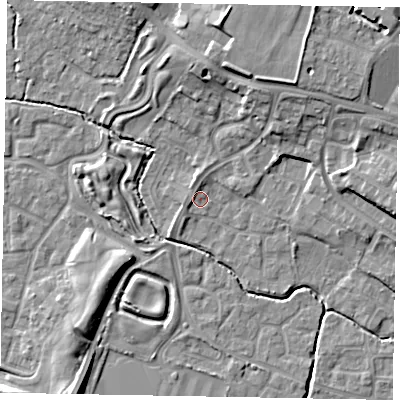Shaded relief map of the ground around SL19BG, computed from Environment Agency LiDAR. The ground here sits at about 22 m above sea level and falls 12 m across the surrounding 800 m. Surface water reaching this point runs off ground lying to the north-east, 9.5 m higher.