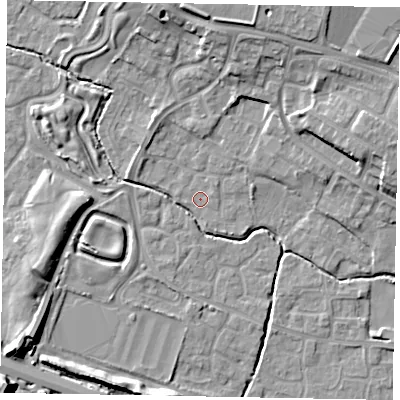 Shaded relief map of the ground around SL19BH, computed from Environment Agency LiDAR. The ground here sits at about 21 m above sea level and falls 12 m across the surrounding 800 m. Surface water reaching this point runs off ground lying to the north-north-east, 9.9 m higher.