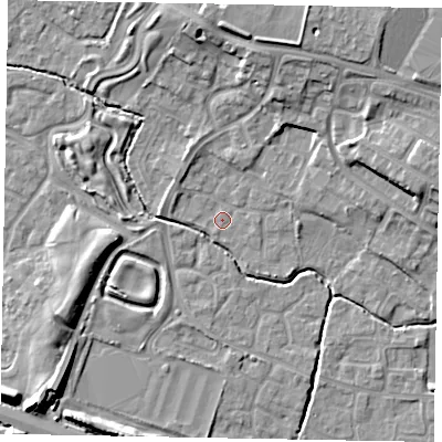 Shaded relief map of the ground around SL19BJ, computed from Environment Agency LiDAR. The ground here sits at about 21 m above sea level and falls 12 m across the surrounding 800 m. Surface water reaching this point runs off ground lying to the south-south-west, 0.8 m higher.