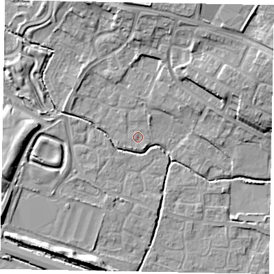Shaded relief map of the ground around SL19BN, computed from Environment Agency LiDAR. The ground here sits at about 21 m above sea level and falls 12 m across the surrounding 800 m. Surface water reaching this point runs off ground lying to the north, 8.5 m higher.