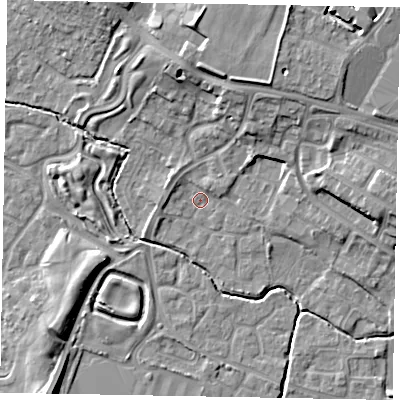 Shaded relief map of the ground around SL19BQ, computed from Environment Agency LiDAR. The ground here sits at about 22 m above sea level and falls 12 m across the surrounding 800 m. Surface water reaching this point runs off ground lying to the north-north-east, 10.1 m higher.