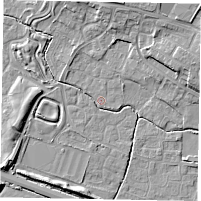 Shaded relief map of the ground around SL19BW, computed from Environment Agency LiDAR. The ground here sits at about 21 m above sea level and falls 12 m across the surrounding 800 m. Surface water reaching this point runs off ground lying to the north-north-east, 8.4 m higher.