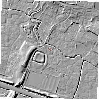 Shaded relief map of the ground around SL19DA, computed from Environment Agency LiDAR. The ground here sits at about 22 m above sea level and falls 12 m across the surrounding 800 m. Surface water reaching this point runs off ground lying to the west-south-west, 3.1 m higher.