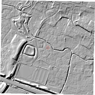 Shaded relief map of the ground around SL19DB, computed from Environment Agency LiDAR. The ground here sits at about 22 m above sea level and falls 11 m across the surrounding 800 m. Surface water reaching this point runs off ground lying to the west-north-west, 0.5 m higher.