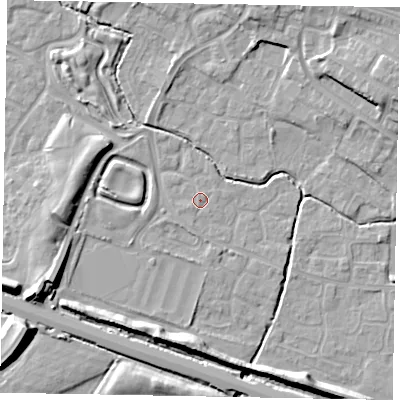 Shaded relief map of the ground around SL19DE, computed from Environment Agency LiDAR. The ground here sits at about 22 m above sea level and falls 13 m across the surrounding 800 m. Surface water reaching this point runs off ground lying to the south-west, 0.9 m higher.