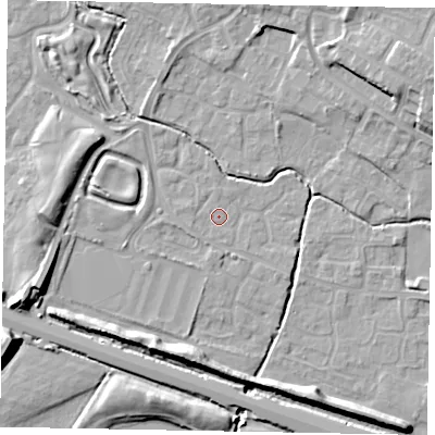 Shaded relief map of the ground around SL19DJ, computed from Environment Agency LiDAR. The ground here sits at about 21 m above sea level and falls 13 m across the surrounding 800 m. Surface water reaching this point runs off ground lying to the west-south-west, 1.0 m higher.