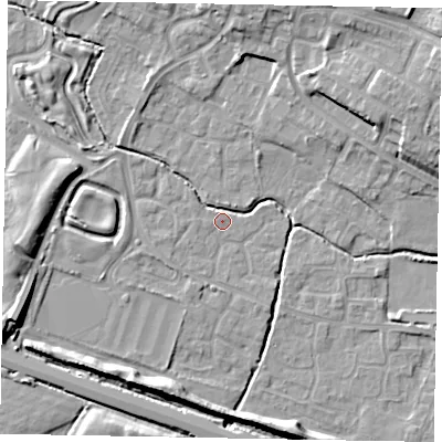 Shaded relief map of the ground around SL19DL, computed from Environment Agency LiDAR. The ground here sits at about 21 m above sea level and falls 12 m across the surrounding 800 m. Surface water reaching this point runs off ground lying to the north-west, 4.4 m higher.