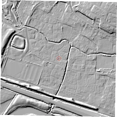 Shaded relief map of the ground around SL19DN, computed from Environment Agency LiDAR. The ground here sits at about 21 m above sea level and falls 13 m across the surrounding 800 m. Surface water reaching this point runs off ground lying to the west-south-west, 0.8 m higher.