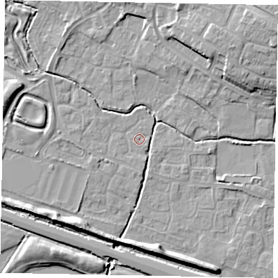 Shaded relief map of the ground around SL19DW, computed from Environment Agency LiDAR. The ground here sits at about 21 m above sea level and falls 13 m across the surrounding 800 m. Surface water reaching this point runs off ground lying to the south-east, 0.8 m higher.