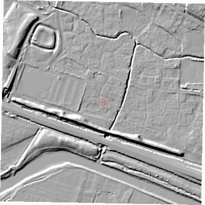 Shaded relief map of the ground around SL19DY, computed from Environment Agency LiDAR. The ground here sits at about 21 m above sea level and falls 12 m across the surrounding 800 m. Surface water reaching this point runs off ground lying to the north-north-west, 1.5 m higher.