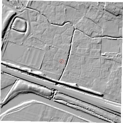 Shaded relief map of the ground around SL19DZ, computed from Environment Agency LiDAR. The ground here sits at about 21 m above sea level and falls 12 m across the surrounding 800 m. Surface water reaching this point runs off ground lying to the north-north-east, 1.2 m higher.