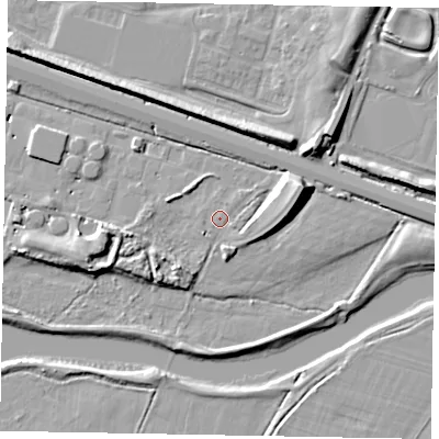 Shaded relief map of the ground around SL19EA, computed from Environment Agency LiDAR. The ground here sits at about 22 m above sea level and falls 12 m across the surrounding 800 m. Surface water reaching this point runs off ground lying to the east-north-east, 8.2 m higher.