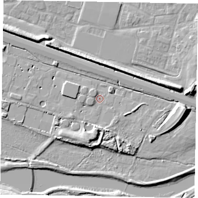 Shaded relief map of the ground around SL19EB, computed from Environment Agency LiDAR. The ground here sits at about 21 m above sea level and falls 12 m across the surrounding 800 m. Surface water reaching this point runs off ground lying to the west-south-west, 3.2 m higher.