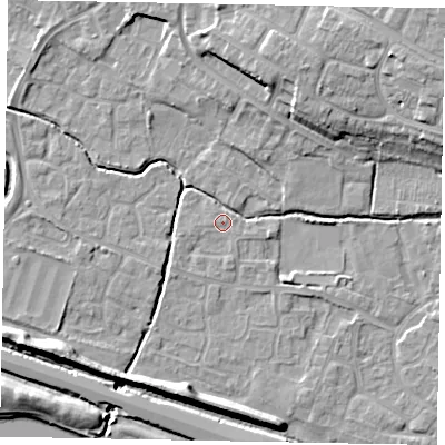 Shaded relief map of the ground around SL19HA, computed from Environment Agency LiDAR. The ground here sits at about 21 m above sea level and falls 14 m across the surrounding 800 m. Surface water reaching this point runs off ground lying to the north-east, 10.7 m higher.