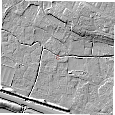Shaded relief map of the ground around SL19HB, computed from Environment Agency LiDAR. The ground here sits at about 21 m above sea level and falls 14 m across the surrounding 800 m. Surface water reaching this point runs off ground lying to the north-east, 10.8 m higher.