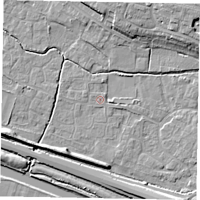 Shaded relief map of the ground around SL19HD, computed from Environment Agency LiDAR. The ground here sits at about 21 m above sea level and falls 14 m across the surrounding 800 m. Surface water reaching this point runs off ground lying to the north-east, 0.8 m higher.