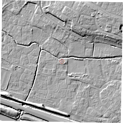 Shaded relief map of the ground around SL19HE, computed from Environment Agency LiDAR. The ground here sits at about 21 m above sea level and falls 14 m across the surrounding 800 m. Surface water reaching this point runs off ground lying to the north-east, 10.8 m higher.