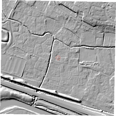 Shaded relief map of the ground around SL19HJ, computed from Environment Agency LiDAR. The ground here sits at about 21 m above sea level and falls 14 m across the surrounding 800 m. Surface water reaching this point runs off ground lying to the east, 1.1 m higher.