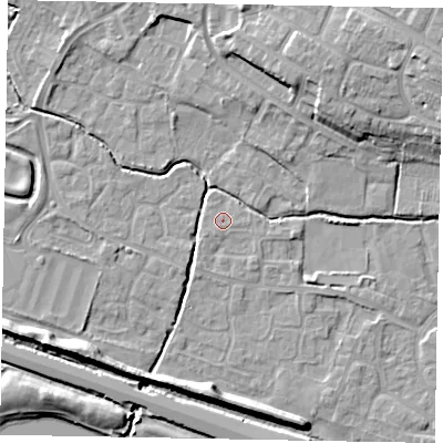 Shaded relief map of the ground around SL19HL, computed from Environment Agency LiDAR. The ground here sits at about 21 m above sea level and falls 14 m across the surrounding 800 m. Surface water reaching this point runs off ground lying to the south-east, 0.6 m higher.