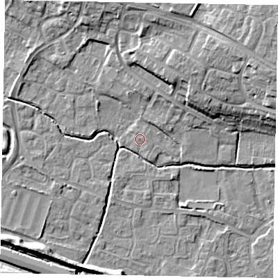 Shaded relief map of the ground around SL19HN, computed from Environment Agency LiDAR. The ground here sits at about 21 m above sea level and falls 14 m across the surrounding 800 m. Surface water reaching this point runs off ground lying to the east-north-east, 0.6 m higher.