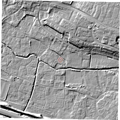Shaded relief map of the ground around SL19HW, computed from Environment Agency LiDAR. The ground here sits at about 21 m above sea level and falls 14 m across the surrounding 800 m. Surface water reaching this point runs off ground lying to the north-north-west, 2.1 m higher.