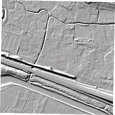 Shaded relief map of the ground around SL19JA, computed from Environment Agency LiDAR. The ground here sits at about 21 m above sea level and falls 11 m across the surrounding 800 m. Surface water reaching this point runs off ground lying to the east-north-east, 0.6 m higher.