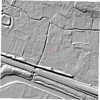 Shaded relief map of the ground around SL19JF, computed from Environment Agency LiDAR. The ground here sits at about 21 m above sea level and falls 12 m across the surrounding 800 m. Surface water reaching this point runs off ground lying to the north-north-west, 1.1 m higher.